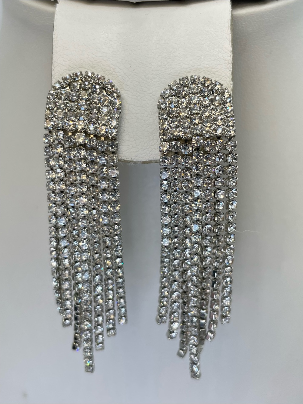 Vintage Silver Tone White Crystal Rhinestone Fringe Clip On Statement Earrings